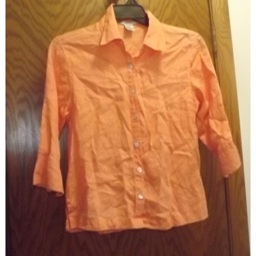 JILLIAN JONES  M Orange 100% Linen Button Down Shirt 3/4 Sleeve